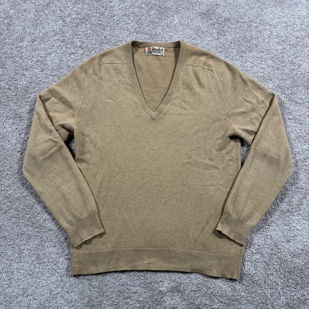 Vintage Pringle of Scotland Cashmere V-Neck Sweater Camel Tan Scotland 40